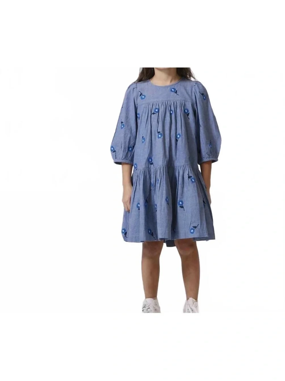 PINK CHICKEN fiona dress in blue blossom embroidery, size 6Y